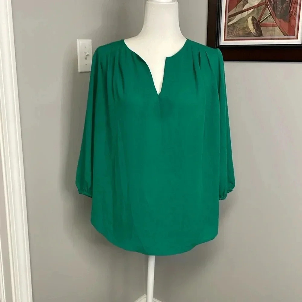 Pleione Womens Green Long Sleeve Top Blouse Size Medium